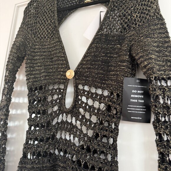 NWT Retrofête Elvana Knit Crochet Maxi Dress In Black Sz Small Open Back V-Neck - Picture 6 of 11